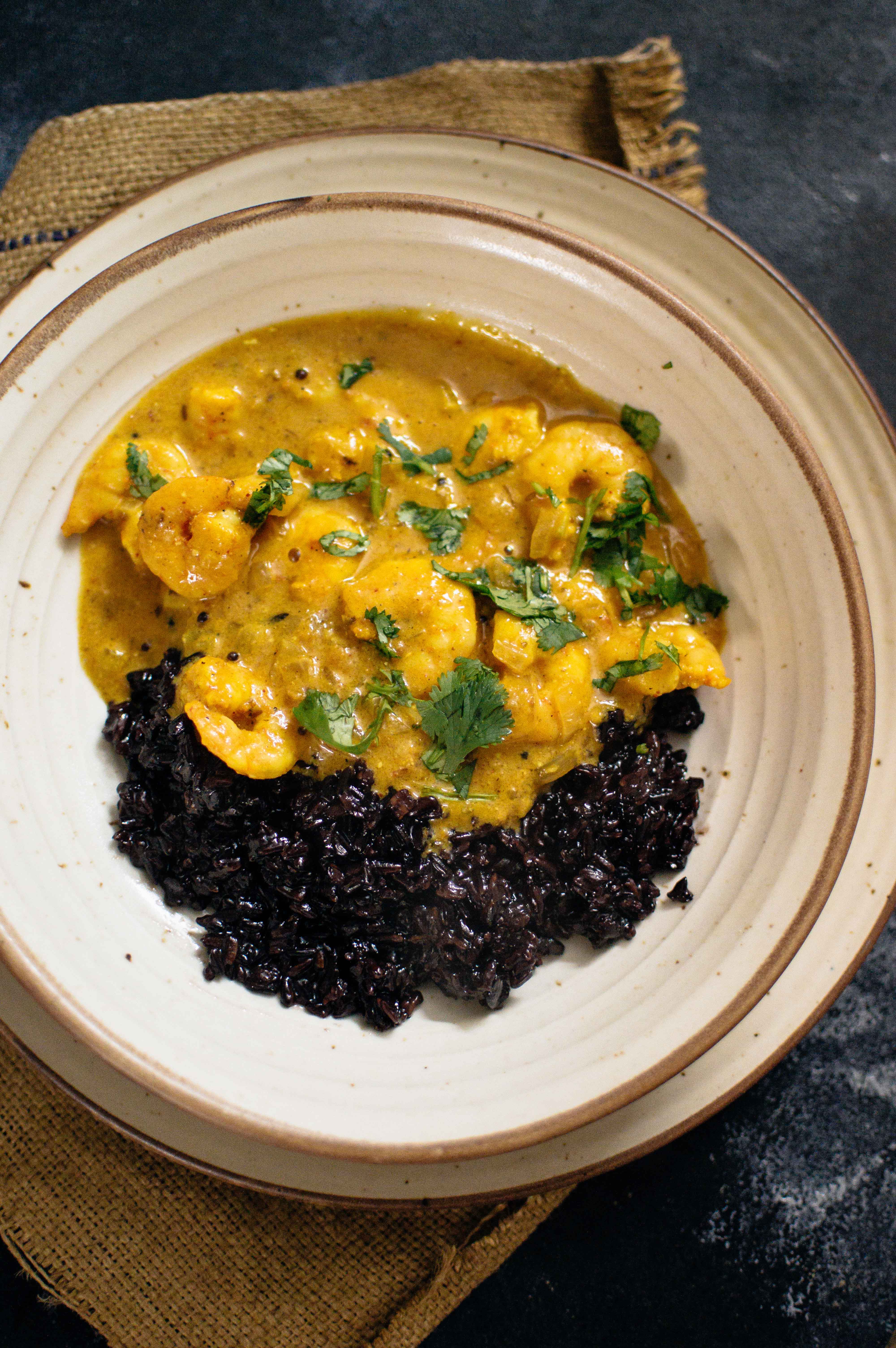 Prawn curry with black rice